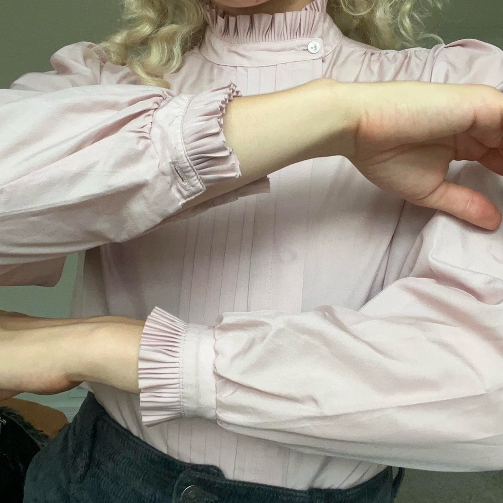 White Ruffled Puff Sleeve Blouse with Mandarin Collar